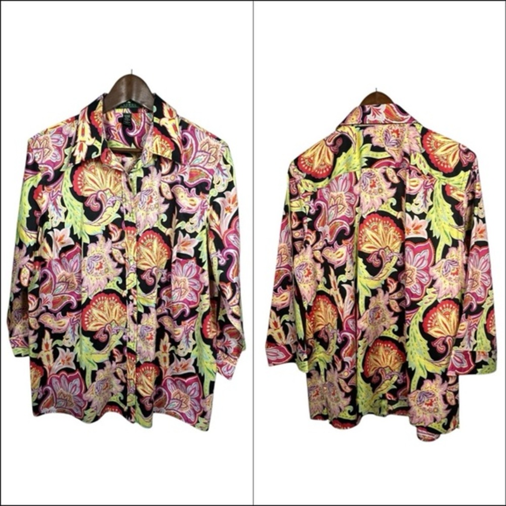 Lauren Ralph Lauren Womens Button Paisley Print Top Shirt Sz 1X‎ 3/4 Spring
